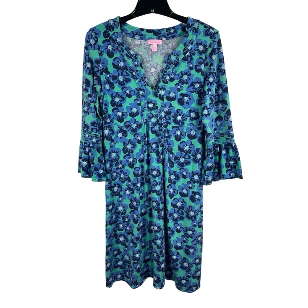 Lilly Pulitzer Silk Blend Floral Tunic Dress M Blue Green Bell Sleeve 70s Print